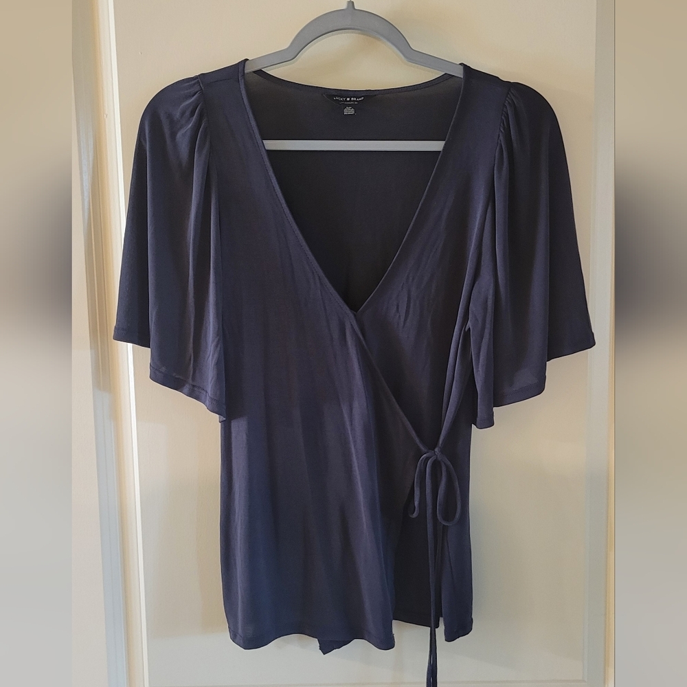 Lucky Brand flutter sleeve wrap top blouse vintage style black